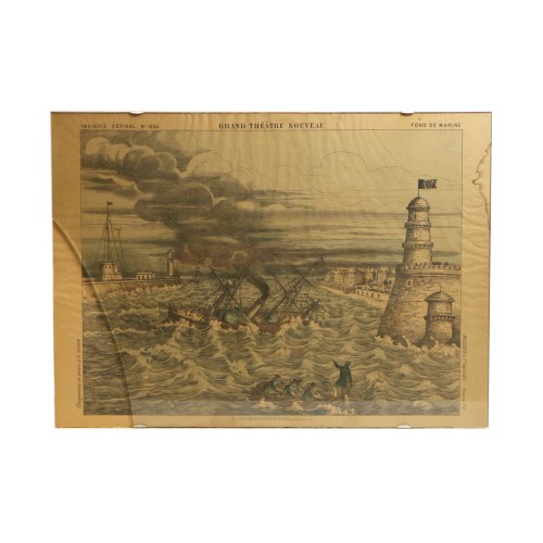 Dibujo de una vista grabada representando el hundimiento de un barco debido a un temporal